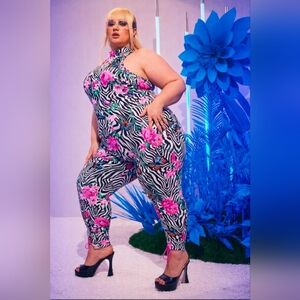 SHEIN Plus Size Zebra Floral Butterfly Jumpsuit Pink Ruched Hem Sleeveless